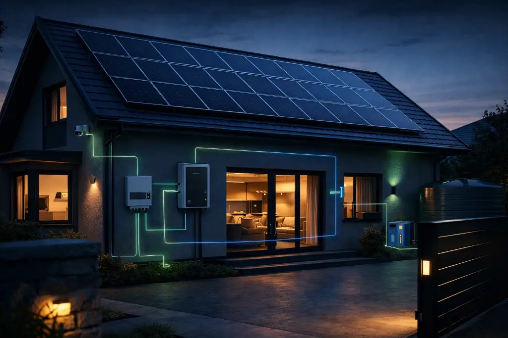 Solar installers in Pretoria: hybrid solar panels on a Pretoria East home roof at dusk