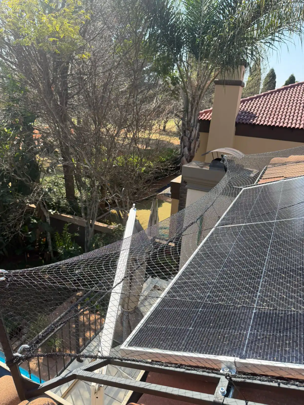 Netting posts and cable installed along the edge of a solar array
