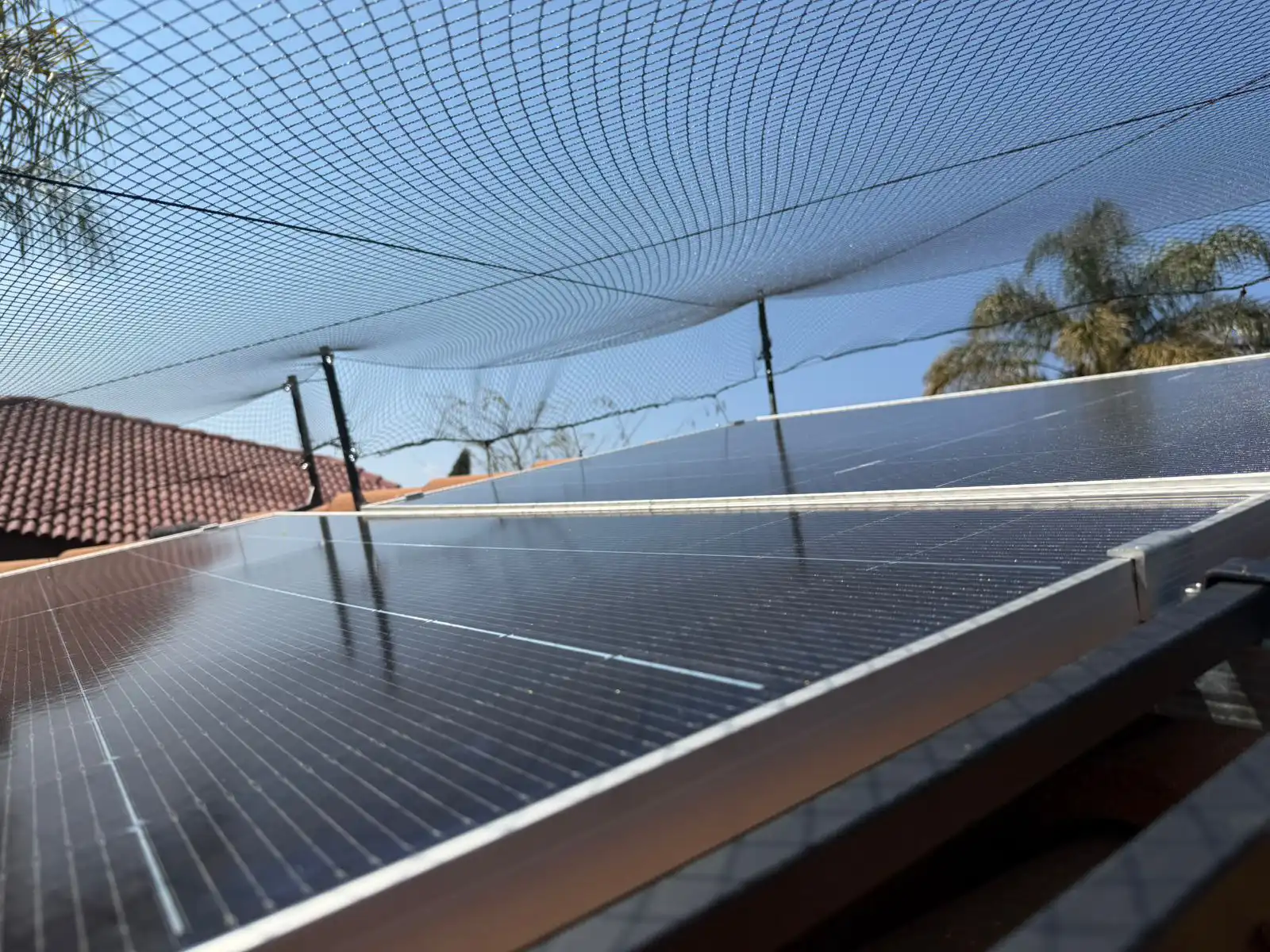 Solar panels protected by netting overlooking a golf course fairway